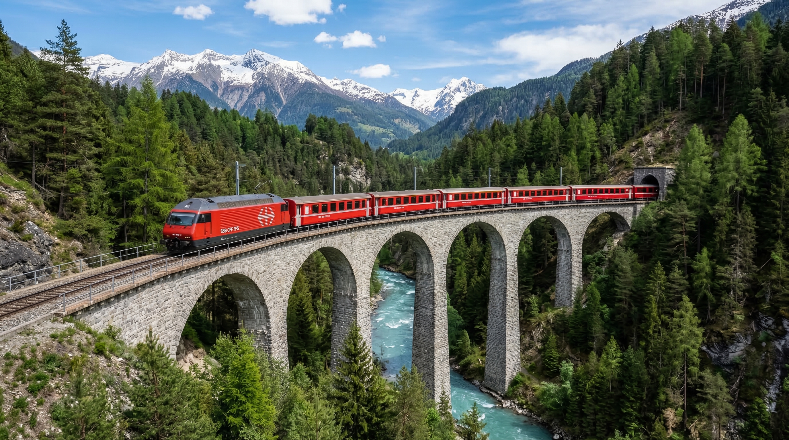 Scenic train journey through the Swiss Alps